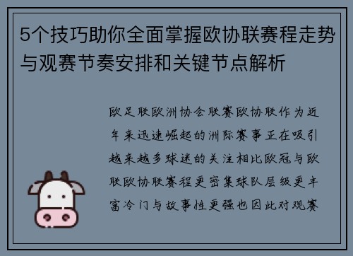 5个技巧助你全面掌握欧协联赛程走势与观赛节奏安排和关键节点解析 5个技巧助你全面掌握欧协联赛程走势与观赛节奏安排和关键节点解析