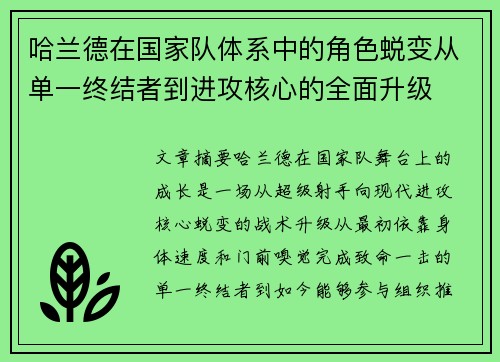 哈兰德在国家队体系中的角色蜕变从单一终结者到进攻核心的全面升级
